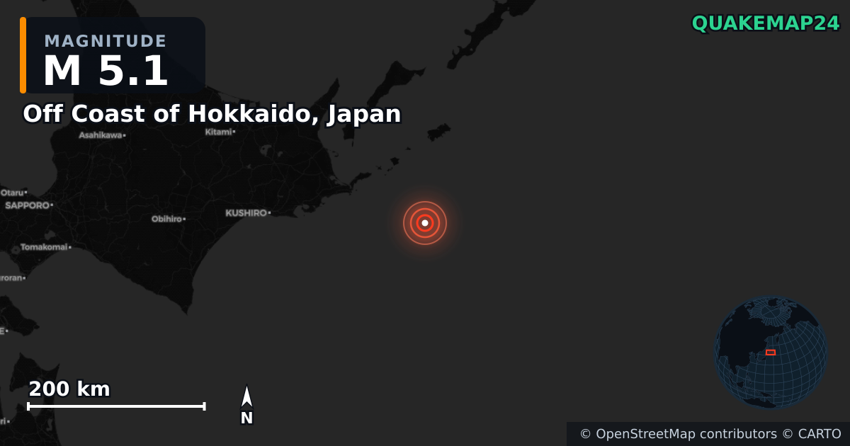 M5.1 earthquake near Off Coast of Hokkaido, Japan on Jun 21, 2025 — map of epicenter and shaking intensity | QuakeMap24