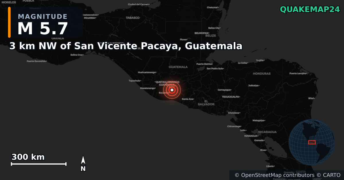 M5.7 earthquake near 3 km NW of San Vicente Pacaya, Guatemala on Jul 8, 2025 — map of epicenter and shaking intensity | QuakeMap24
