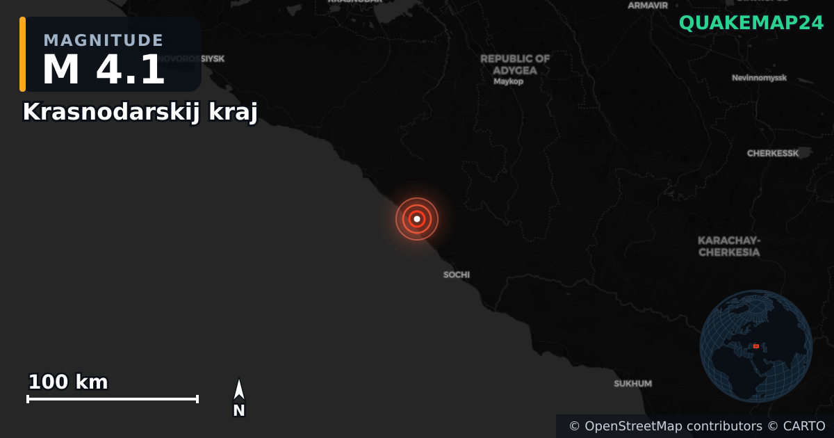 M4.1 earthquake near Krasnodarskij kraj on Jan 4, 2026 — map of epicenter and shaking intensity | QuakeMap24