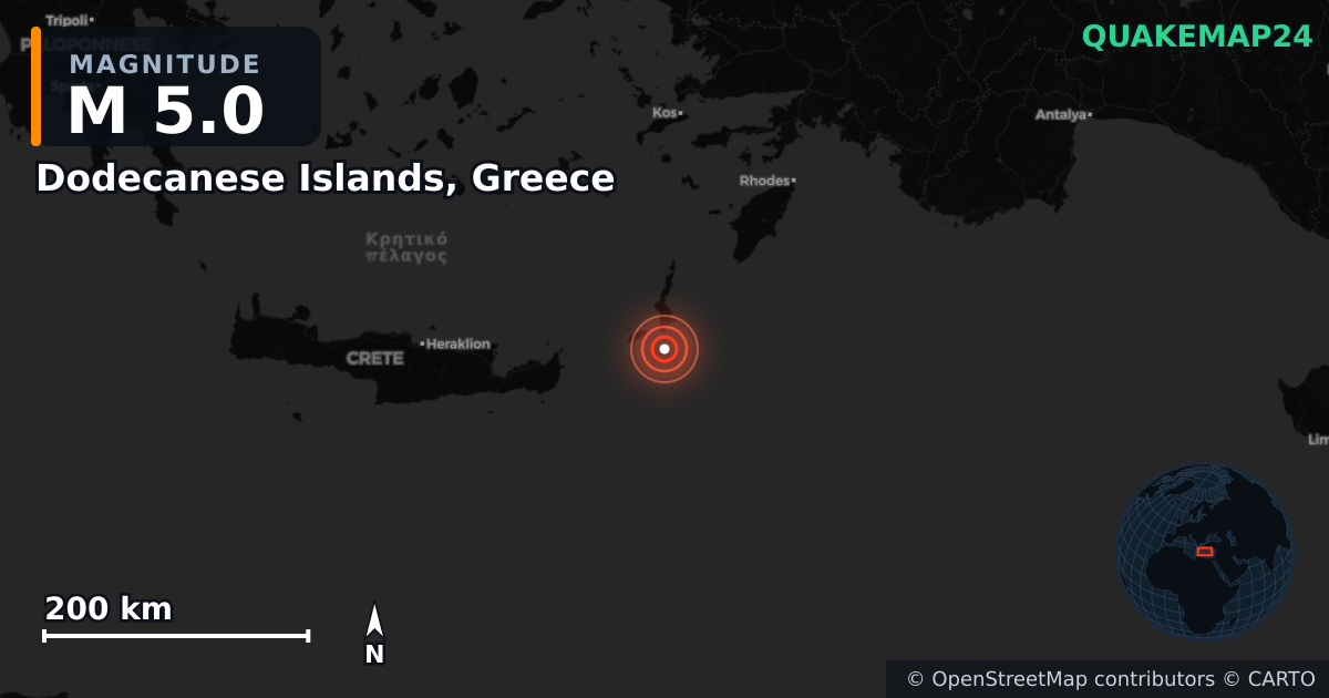 Erdbeben M5,0 bei Dodecanese Islands, Greece — Karte der Lage des Epizentrums