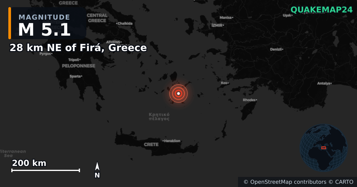 M5.1 earthquake near 28 km NE of Firá, Greece on Feb 5, 2025 — map of epicenter and shaking intensity | QuakeMap24