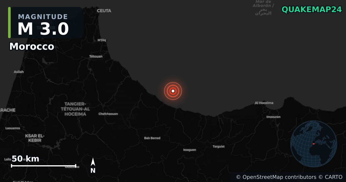 M3.0 earthquake near Morocco on Jul 14, 2026 — map of epicenter and shaking intensity | QuakeMap24