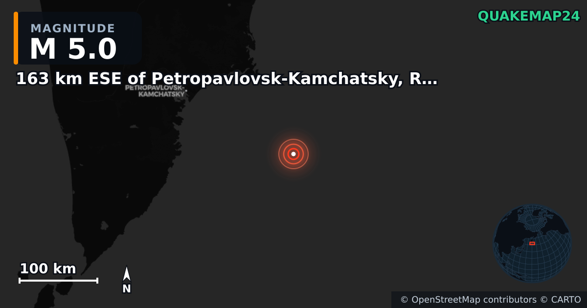 163 km ESE of Petropavlovsk-Kamchatsky, Russia yakınında M5,0 deprem — Deprem merkez üssünün konumunu gösteren harita
