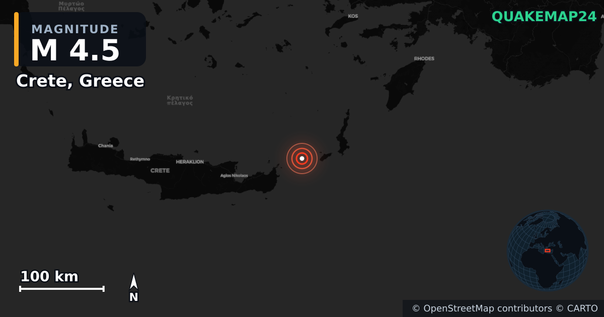 M4.5 earthquake near Crete, Greece on Apr 30, 2025 — map of epicenter and shaking intensity | QuakeMap24