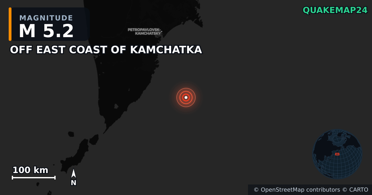M5.2 earthquake near OFF EAST COAST OF KAMCHATKA on Jul 30, 2025 — map of epicenter and shaking intensity | QuakeMap24