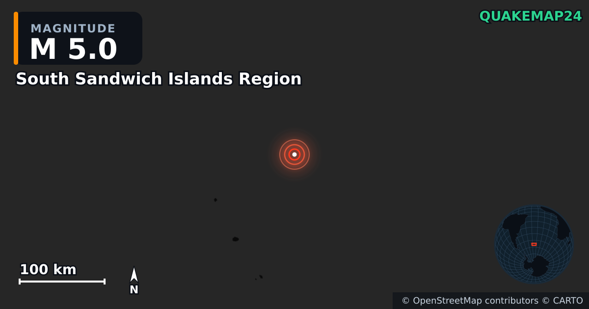 M5.0 earthquake near South Sandwich Islands Region on Jun 16, 2026 — map of epicenter and shaking intensity | QuakeMap24
