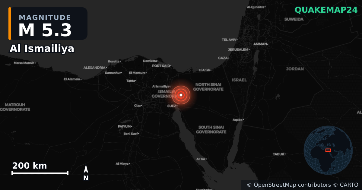 M5.3 earthquake near Al Ismailiya on Aug 3, 2026 — map of epicenter and shaking intensity | QuakeMap24