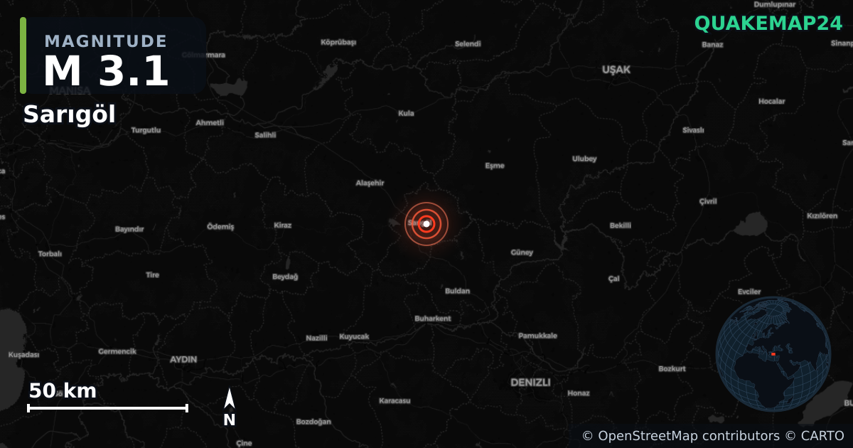 M3.1 earthquake near Sarıgöl on Oct 31, 2025 — map of epicenter and shaking intensity | QuakeMap24