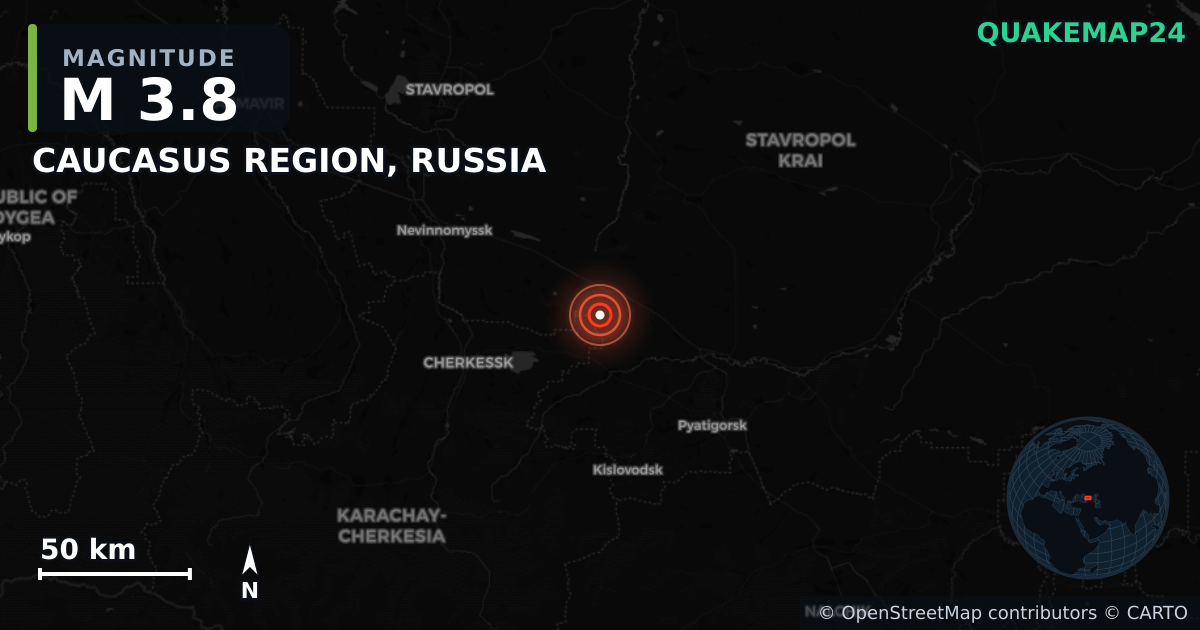 M3.8 earthquake near CAUCASUS REGION, RUSSIA on Sep 14, 2025 — map of epicenter and shaking intensity | QuakeMap24