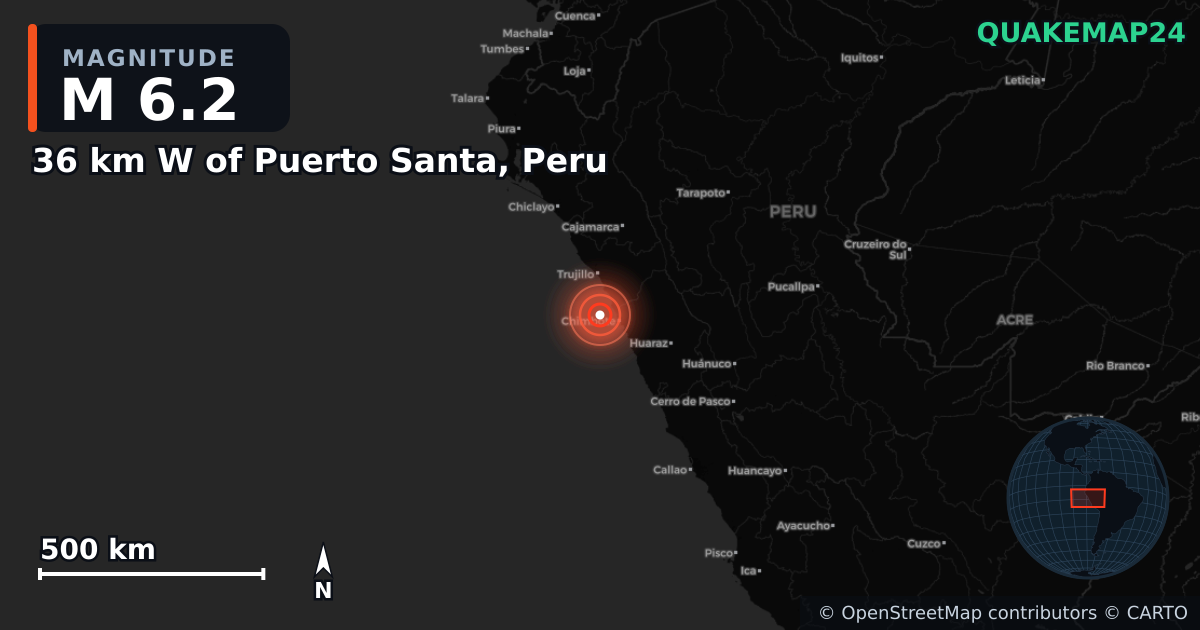 M6.2 earthquake near 36 km W of Puerto Santa, Peru on Dec 28, 2025 — map of epicenter and shaking intensity | QuakeMap24
