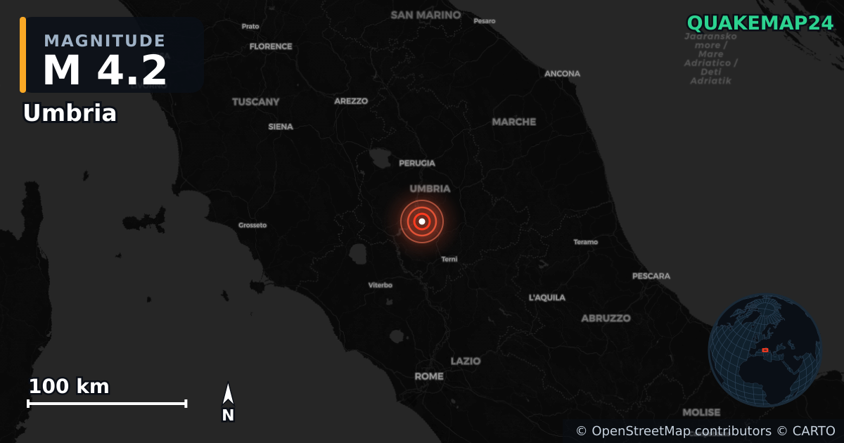 M4.2 earthquake near Umbria on Sep 20, 2025 — map of epicenter and shaking intensity | QuakeMap24
