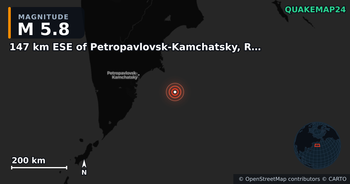 M5.8 earthquake near 147 km ESE of Petropavlovsk-Kamchatsky, Russia on Jul 30, 2025 — map of epicenter and shaking intensity | QuakeMap24