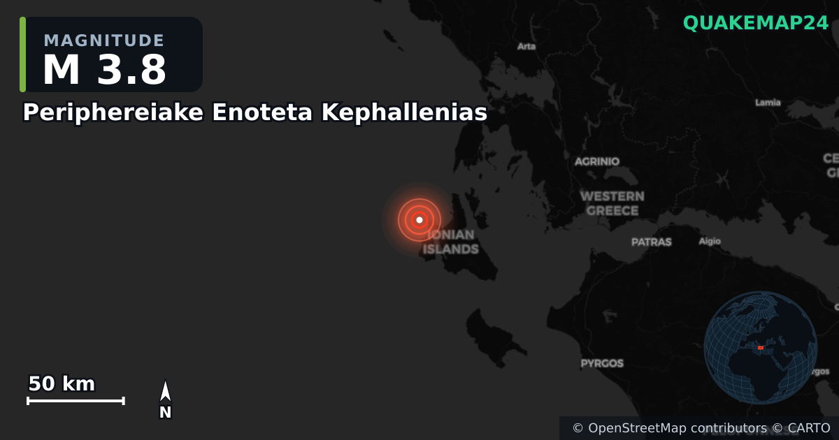 M3.8 earthquake near Periphereiake Enoteta Kephallenias on Jan 10, 2026 — map of epicenter and shaking intensity | QuakeMap24