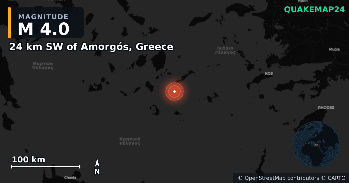 M4.0 earthquake near 24 km SW of Amorgós, Greece on Feb 18, 2025 — map of epicenter and shaking intensity | QuakeMap24