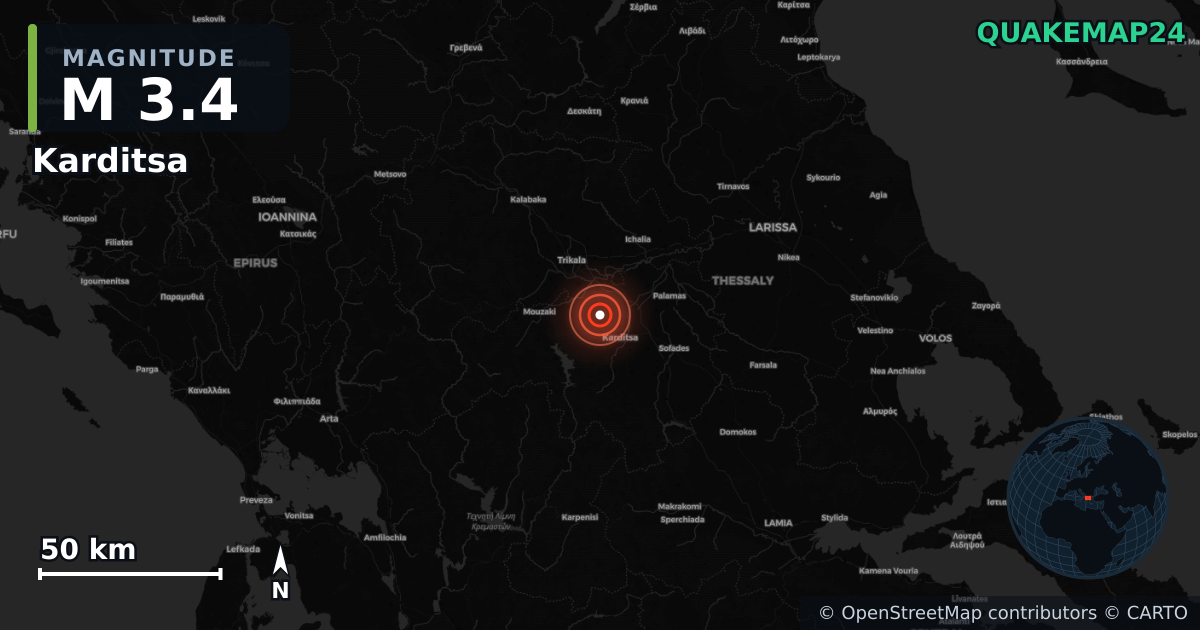 M3.4 earthquake near Karditsa on Jun 28, 2026 — map of epicenter and shaking intensity | QuakeMap24