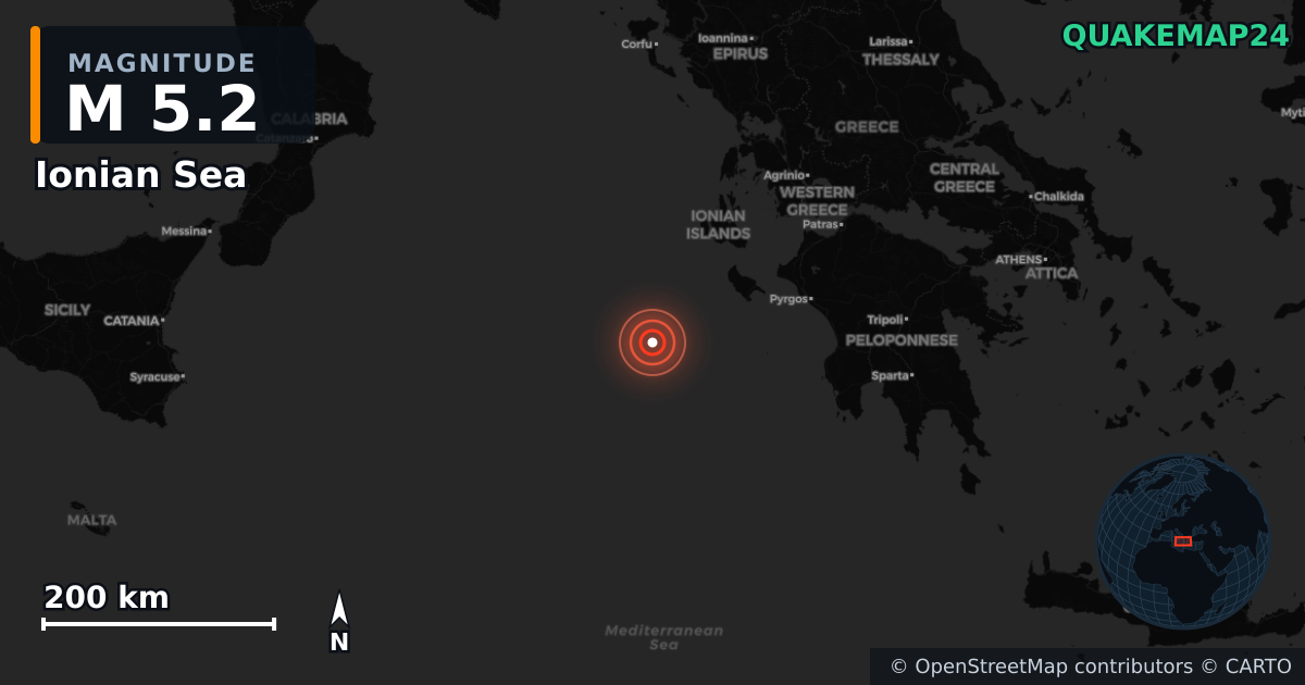 Erdbeben M5,2 bei Ionian Sea · 2025-12-15 — Karte der Lage des Epizentrums