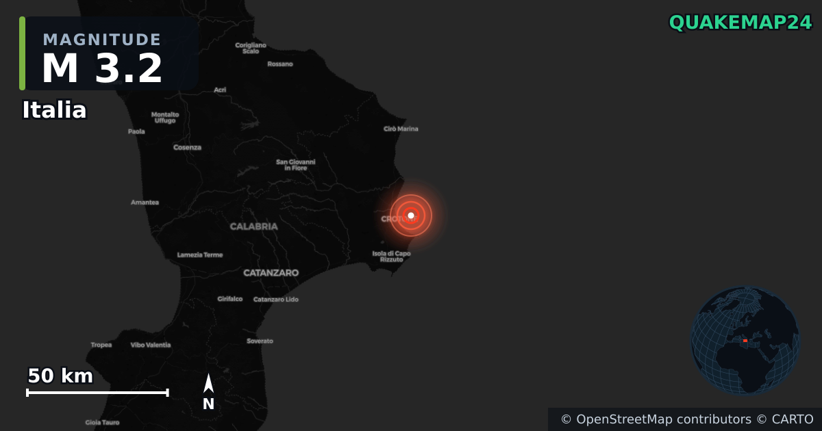 M3.2 earthquake near Italia on Aug 17, 2025 — map of epicenter and shaking intensity | QuakeMap24