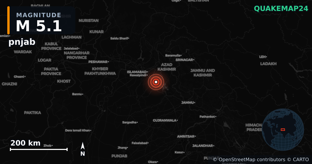 M5.1 earthquake near pnjab on Aug 2, 2025 — map of epicenter and shaking intensity | QuakeMap24