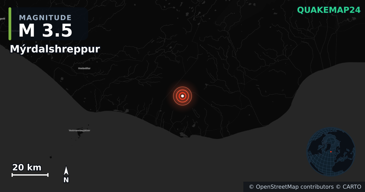 M3.5 Earthquake near Mýrdalshreppur (Iceland) · 2026-10-10 — Map showing the location of the epicenter