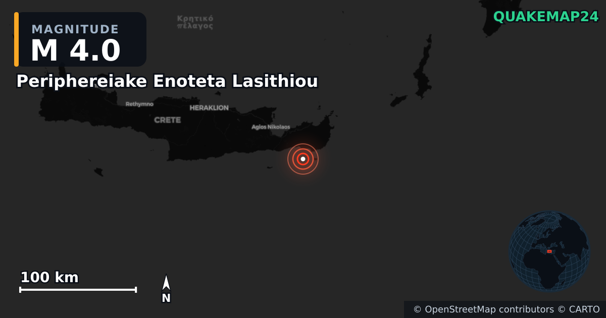M4.0 earthquake near Periphereiake Enoteta Lasithiou on May 21, 2026 — map of epicenter and shaking intensity | QuakeMap24