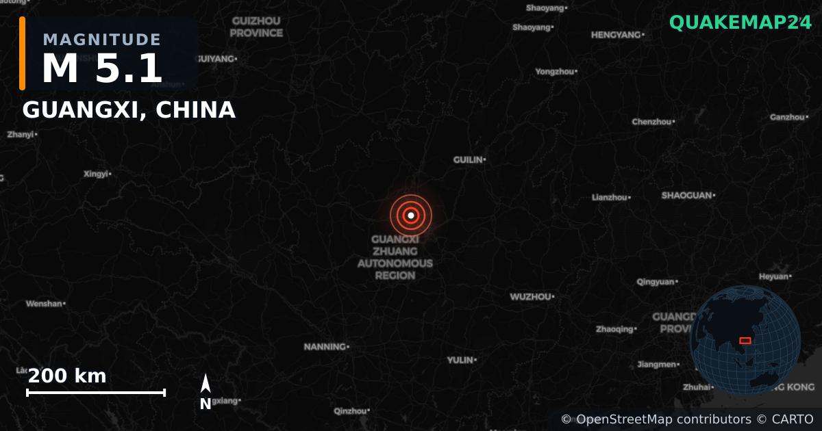 M5.1 earthquake near GUANGXI, CHINA on May 18, 2026 — map of epicenter and shaking intensity | QuakeMap24