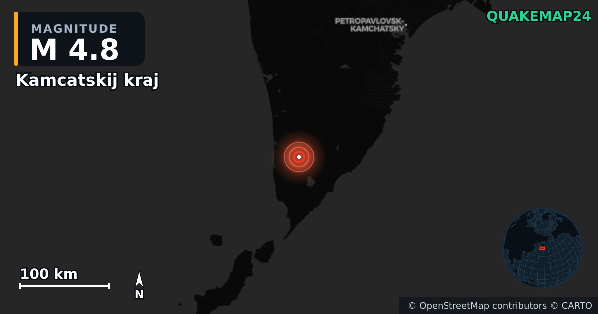 M4.8 earthquake near Kamcatskij kraj on Aug 4, 2025 — map of epicenter and shaking intensity | QuakeMap24