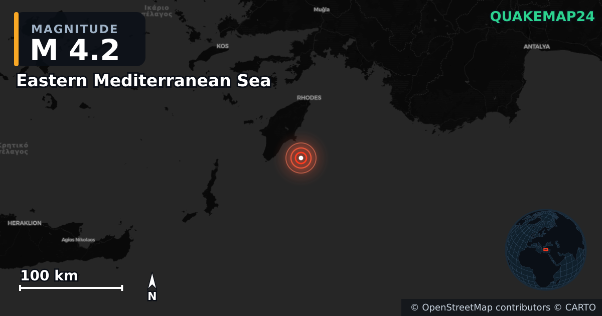 M4.2 earthquake near Eastern Mediterranean Sea on May 18, 2025 — map of epicenter and shaking intensity | QuakeMap24