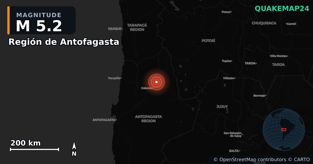 M5.2 earthquake near Región de Antofagasta on Jul 24, 2025 — map of epicenter and shaking intensity | QuakeMap24
