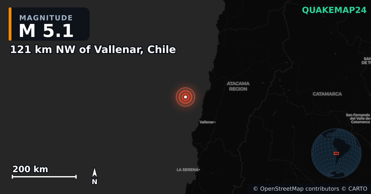 Erdbeben M5,1 bei 121 km NW of Vallenar, Chile — Karte der Lage des Epizentrums