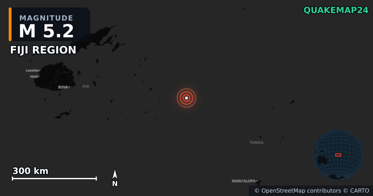 FIJI REGION yakınında M5,2 deprem · 2026-04-28 — Deprem merkez üssünün konumunu gösteren harita