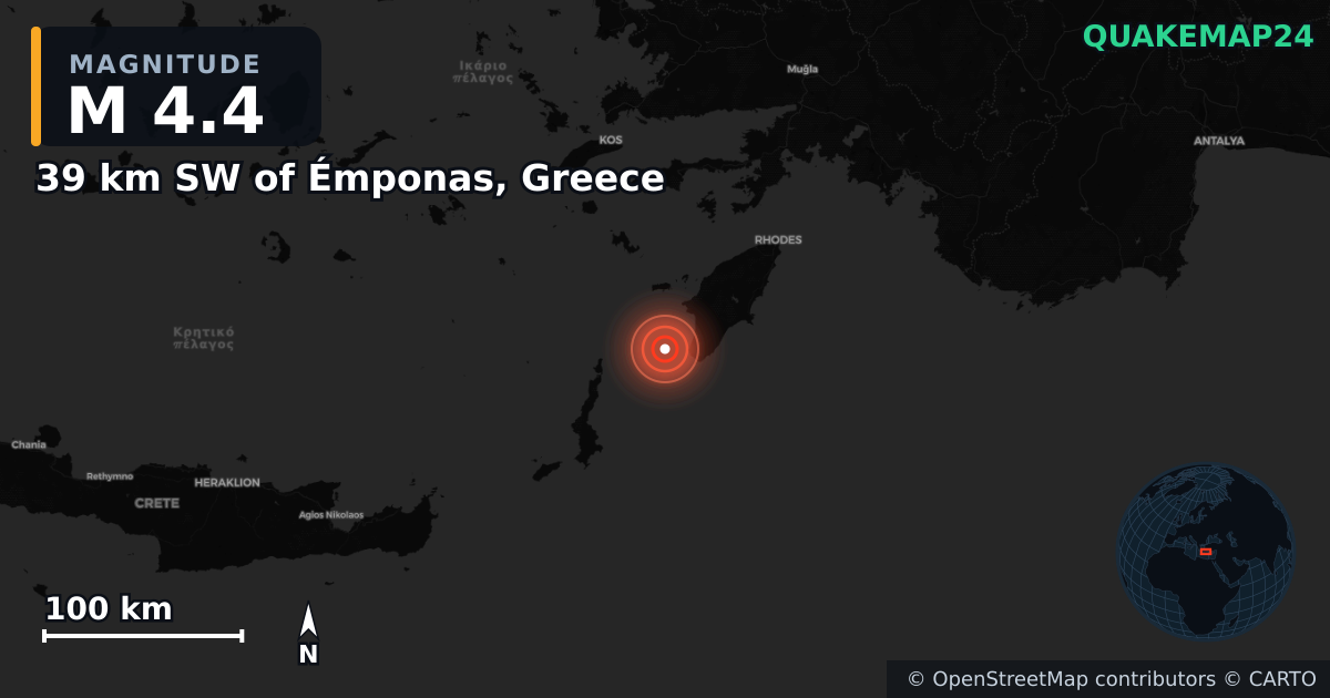 M4.4 earthquake near 39 km SW of Émponas, Greece on Feb 24, 2025 — map of epicenter and shaking intensity | QuakeMap24