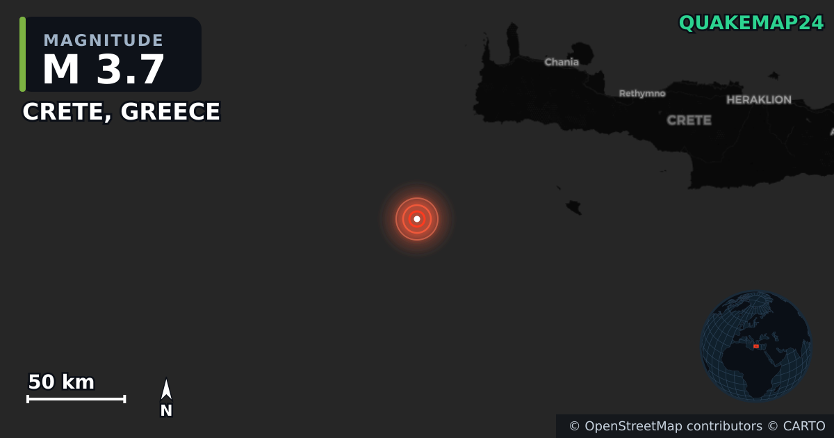 M3.7 earthquake near CRETE, GREECE on Jun 19, 2026 — map of epicenter and shaking intensity | QuakeMap24