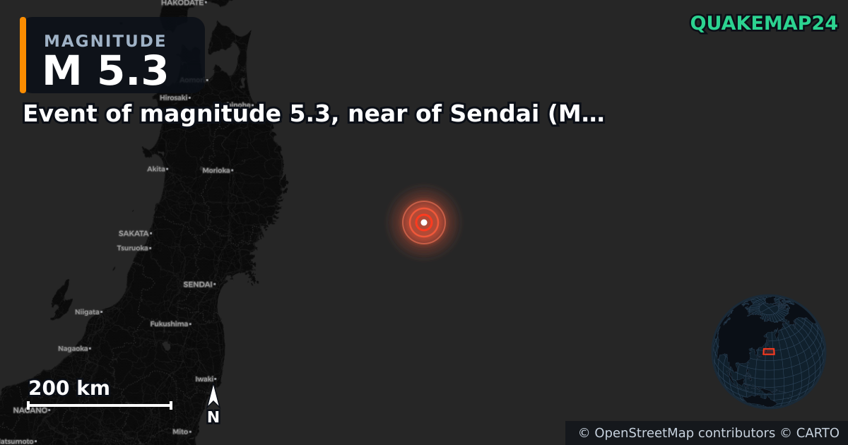 M5.3 earthquake near Event of magnitude 5.3, near of Sendai (Monde) on Nov 9, 2025 — map of epicenter and shaking intensity | QuakeMap24