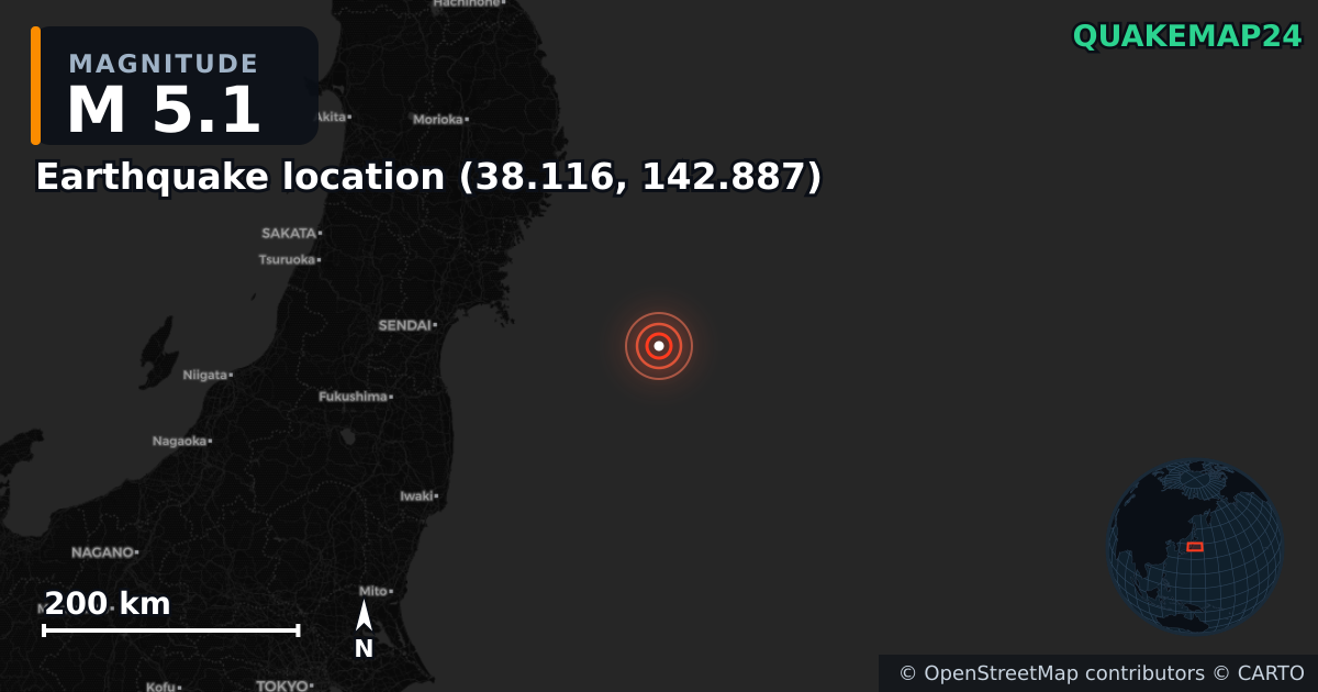 M5.1 earthquake near Deprem konumu (38.116, 142.887) on Nov 8, 2025 — map of epicenter and shaking intensity | QuakeMap24
