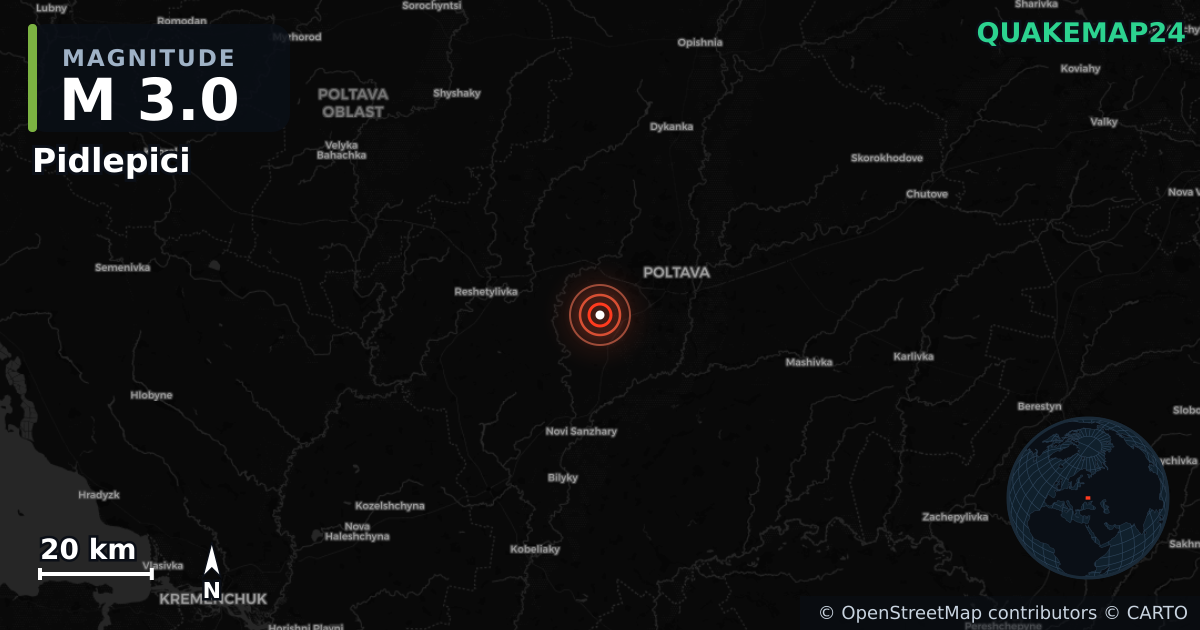 M3.0 earthquake near Pidlepici on Feb 8, 2026 — map of epicenter and shaking intensity | QuakeMap24