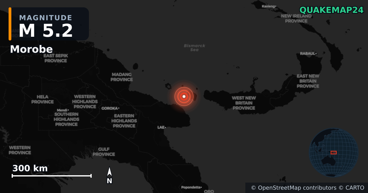 M5.2 earthquake near Morobe on Jan 5, 2026 — map of epicenter and shaking intensity | QuakeMap24