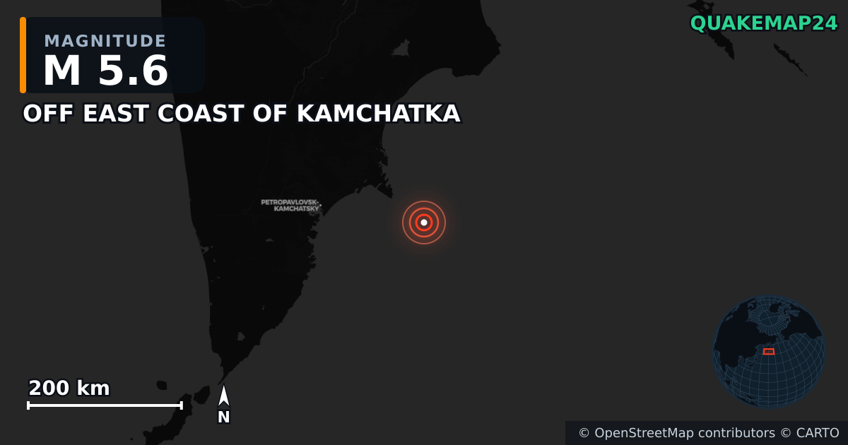 M5.6 earthquake near OFF EAST COAST OF KAMCHATKA on Jul 31, 2025 — map of epicenter and shaking intensity | QuakeMap24