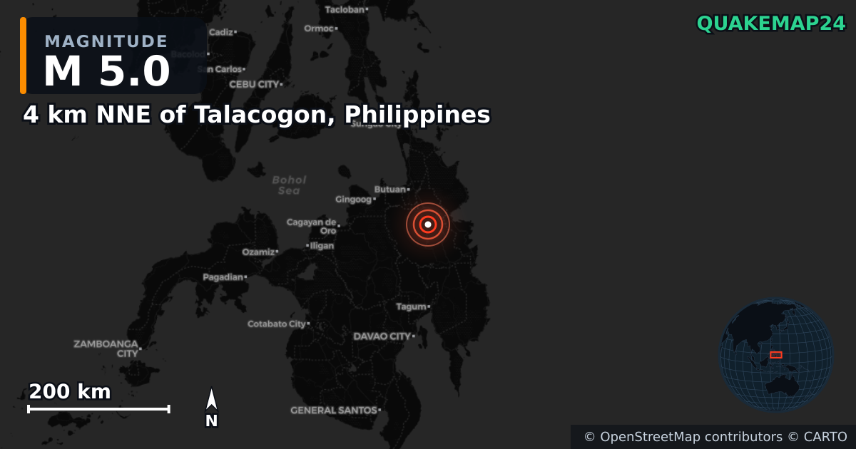 M5.0 earthquake near 4 km NNE of Talacogon, Philippines on Jan 17, 2025 — map of epicenter and shaking intensity | QuakeMap24