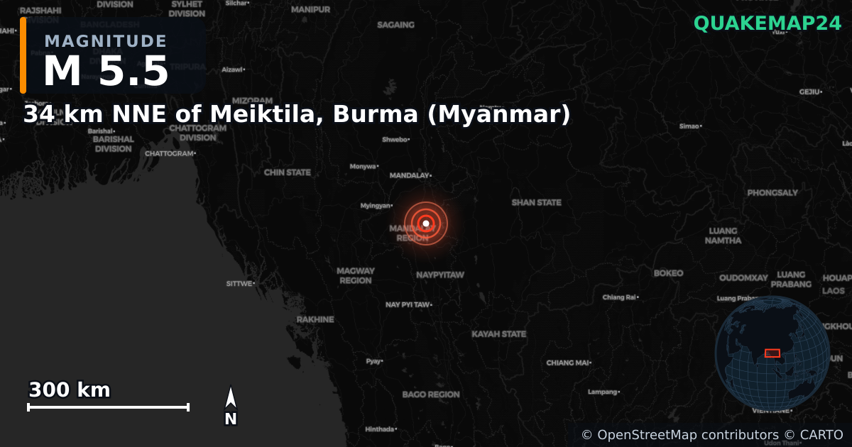 M5.5 earthquake near 34 km NNE of Meiktila, Burma (Myanmar) on Apr 13, 2025 — map of epicenter and shaking intensity | QuakeMap24