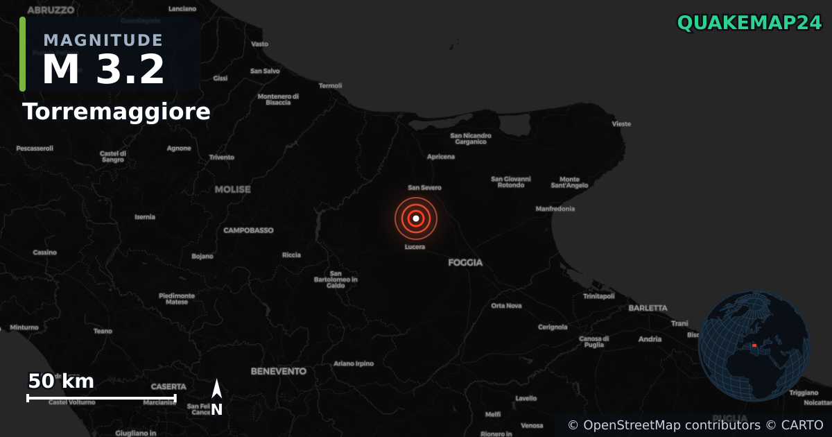Sismo de M3,2 perto de Torremaggiore, Puglia (Itália) · 2026-04-04 — Mapa da localização do epicentro