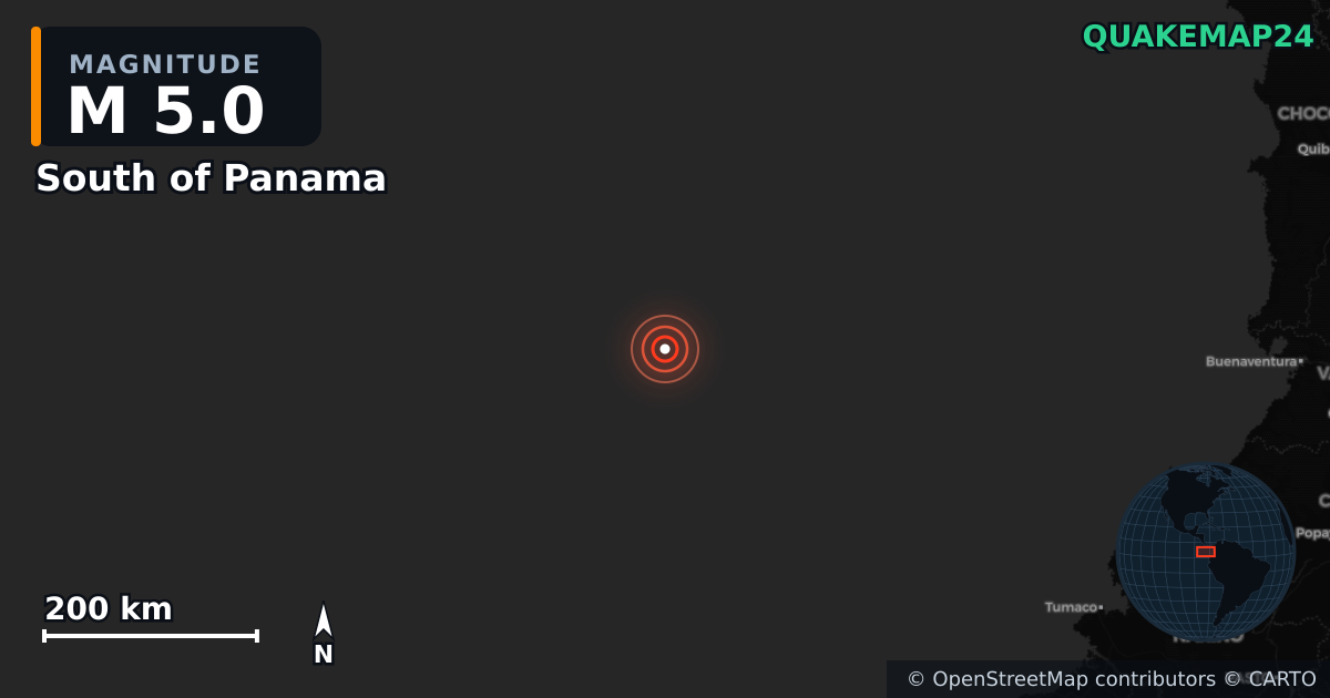 M5.0 earthquake near South of Panama on Apr 4, 2025 — map of epicenter and shaking intensity | QuakeMap24