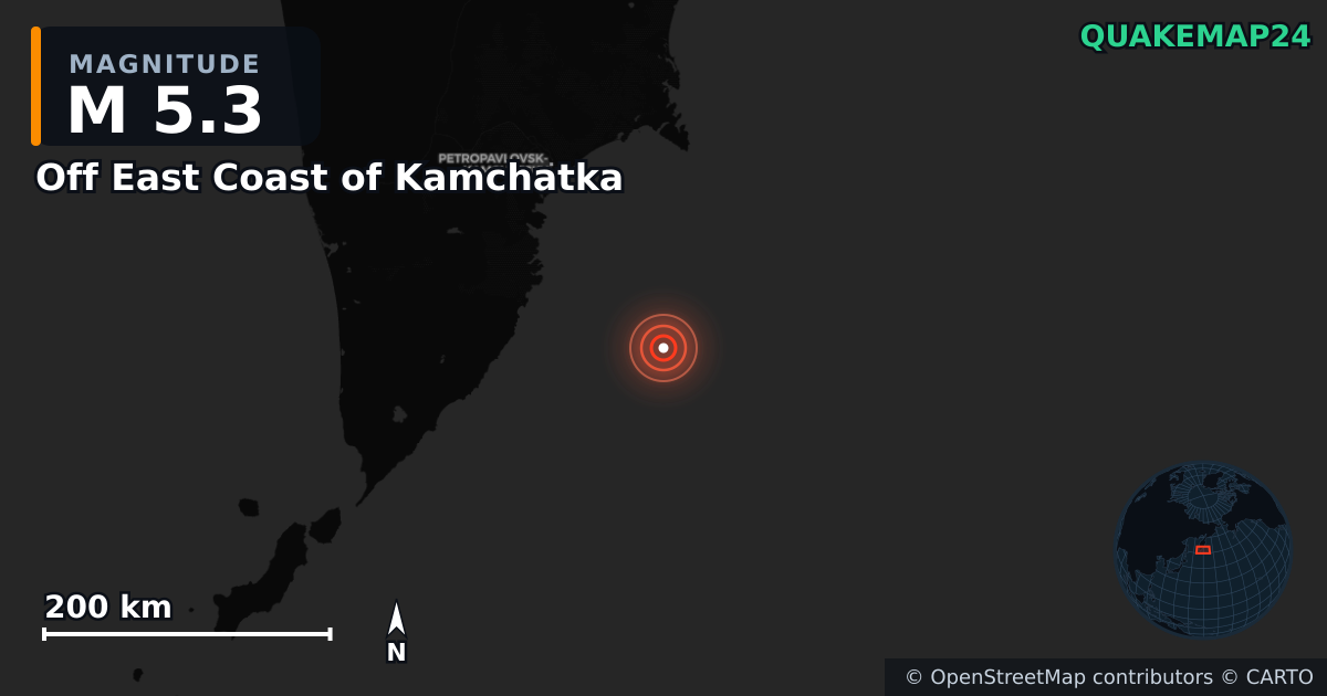 M5.3 earthquake near Off East Coast of Kamchatka on Jan 6, 2026 — map of epicenter and shaking intensity | QuakeMap24