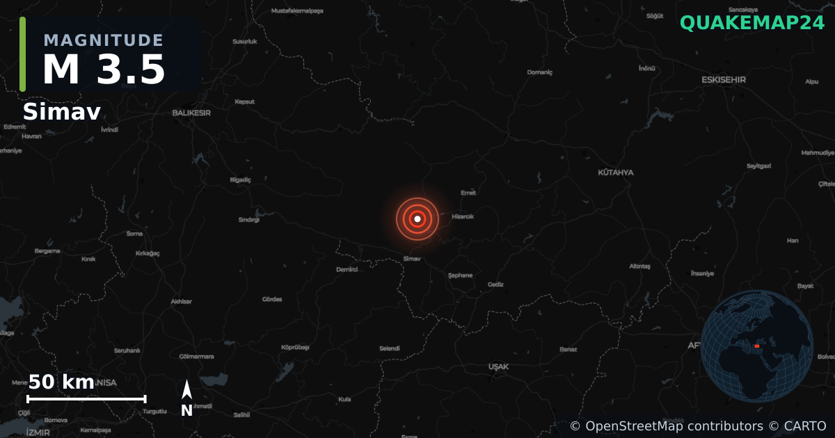 Sismo de M3,5 perto de Simav, Kütahya (Turquia) · 2026-10-17 — Mapa da localização do epicentro