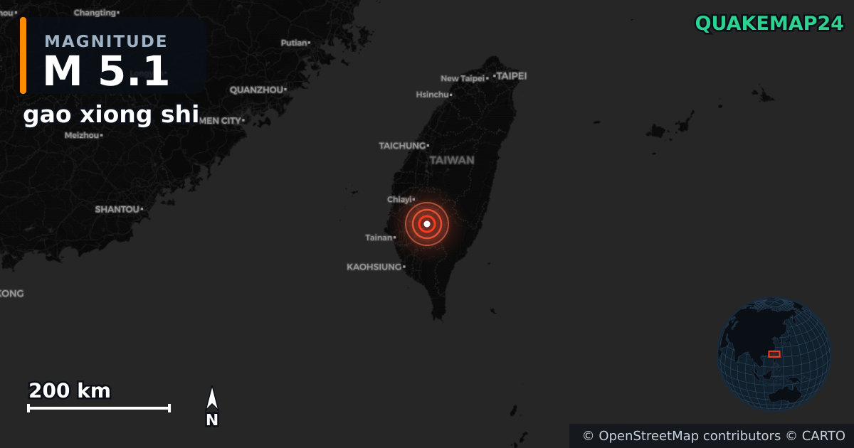 M5.1 earthquake near gao xiong shi on Nov 10, 2025 — map of epicenter and shaking intensity | QuakeMap24