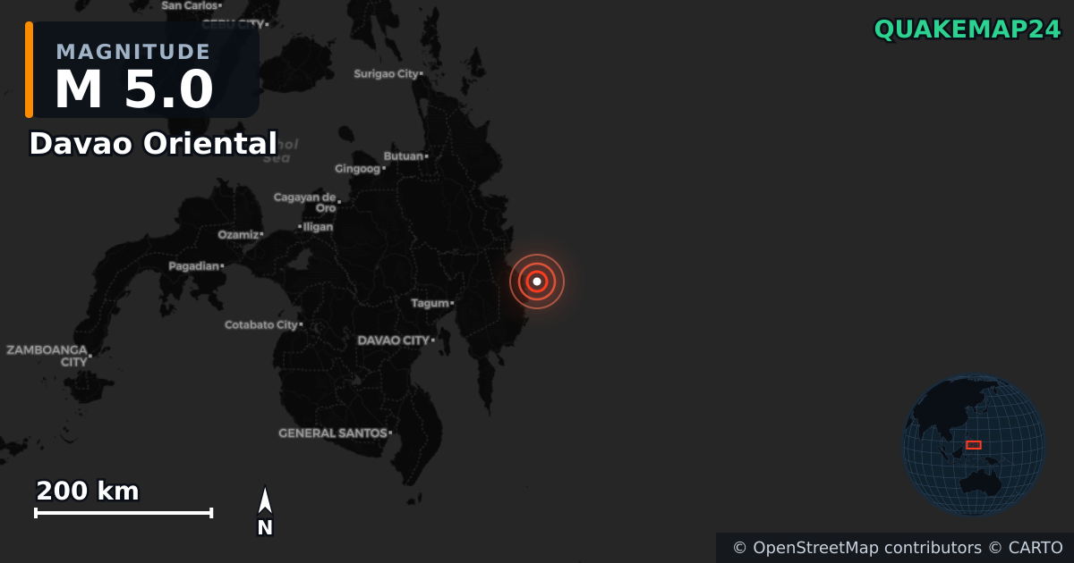 M5.0 earthquake near Davao Oriental on Jan 1, 2026 — map of epicenter and shaking intensity | QuakeMap24