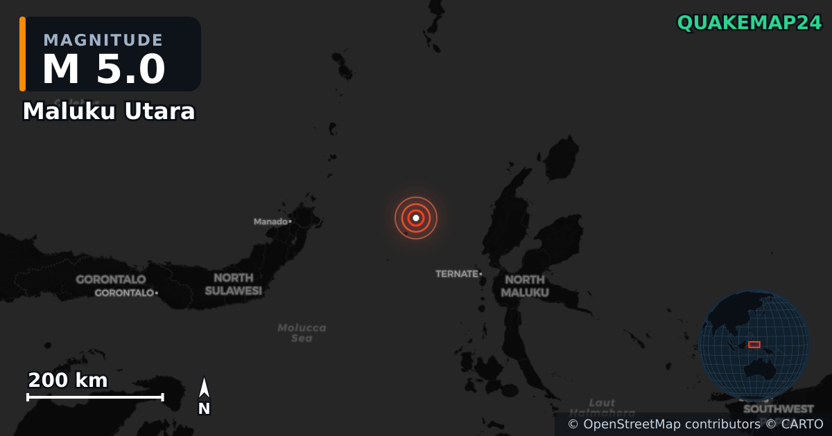 Erdbeben M5,0 bei Maluku Utara (Indonesien) — Karte der Lage des Epizentrums