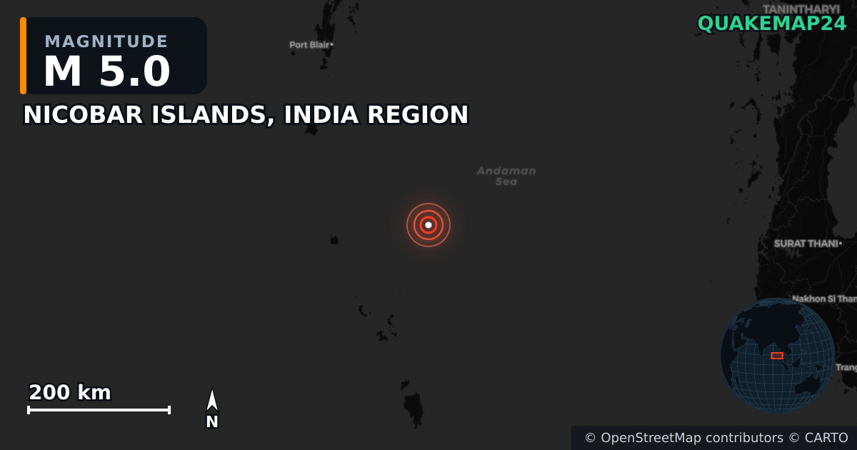 NICOBAR ISLANDS, INDIA REGION yakınında M5,0 deprem — Deprem merkez üssünün konumunu gösteren harita