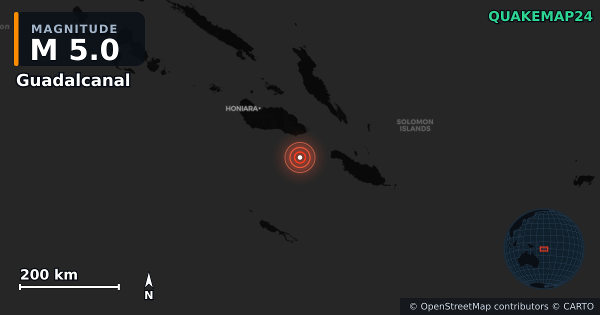 M5.0 earthquake near Guadalcanal on Dec 21, 2025 — map of epicenter and shaking intensity | QuakeMap24