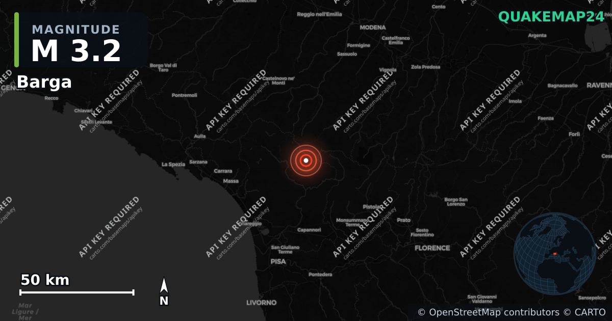 M3.2 earthquake near Barga on Aug 28, 2026 — map of epicenter and shaking intensity | QuakeMap24
