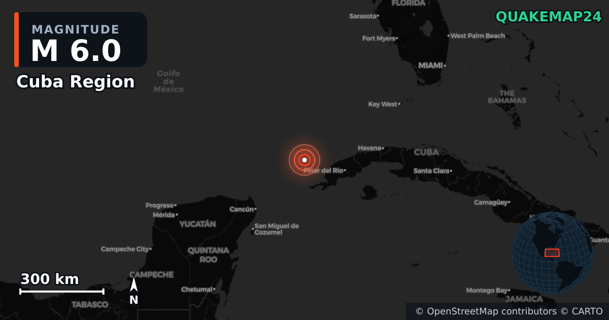 M6.0 earthquake near Cuba Region on Jun 8, 2026 — map of epicenter and shaking intensity | QuakeMap24
